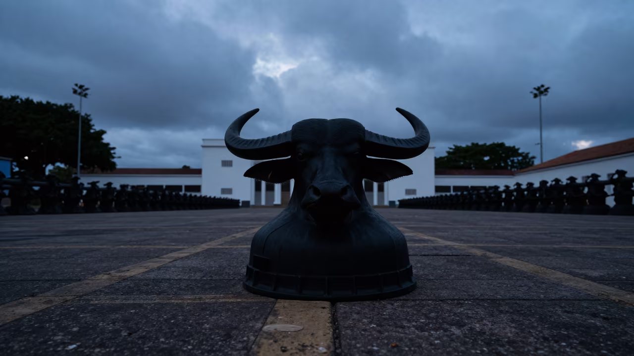 Silhouetted Water Buffalo Hose Cap Case in on a parade ground in Pernambuco