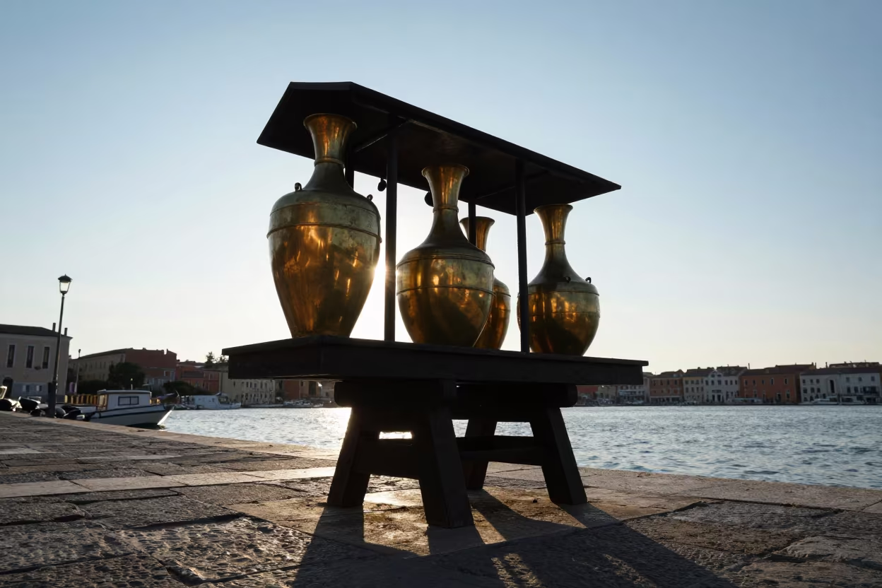 Silhouetted Water Carrier at Pisa Harbor Quay in at a harbor quay near Pisa