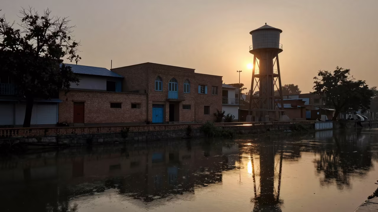 Silhouetted Water Tower Home in Faisalabad Drizzle in beside a canal-front facade in Faisalabad