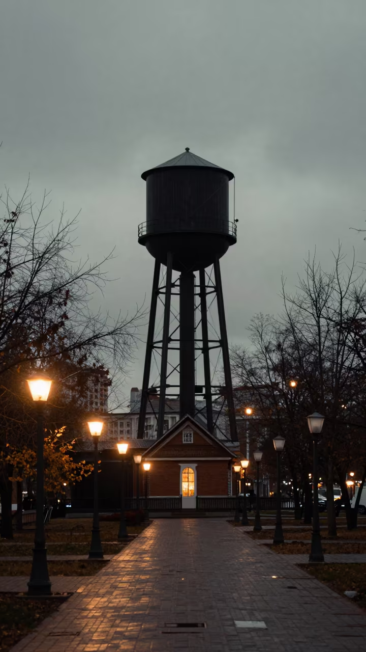 Silhouetted Water Tower House in Urals Temple in in a lantern-lined temple precinct in the Urals