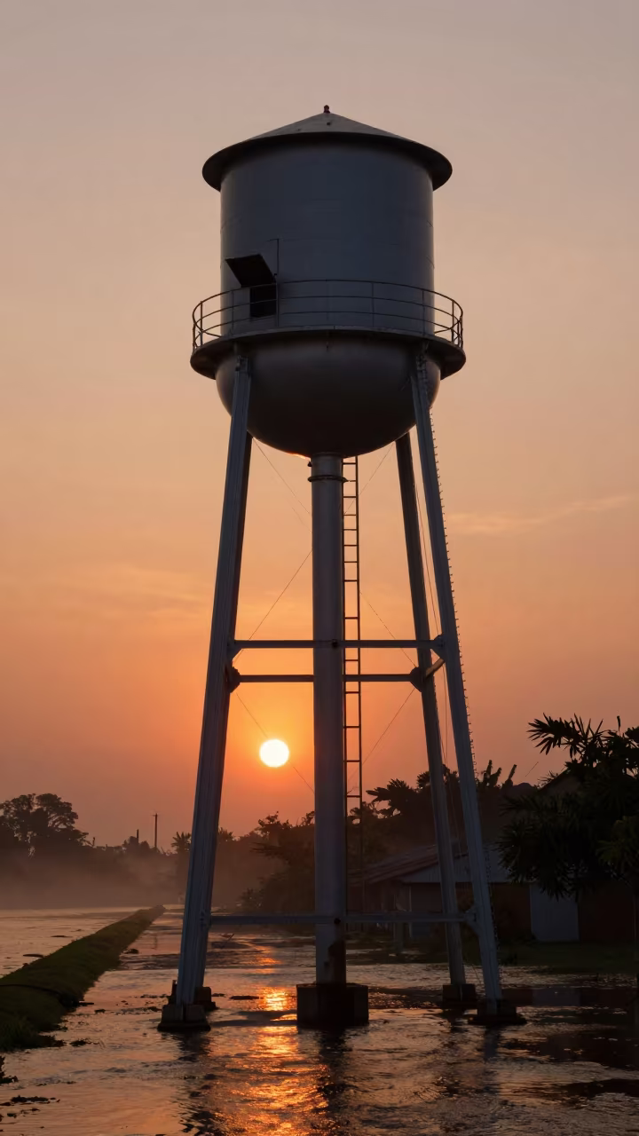 Silhouetted Water Tower Ladder at Honduran Sunset in along a levee path above floodwater in Honduras