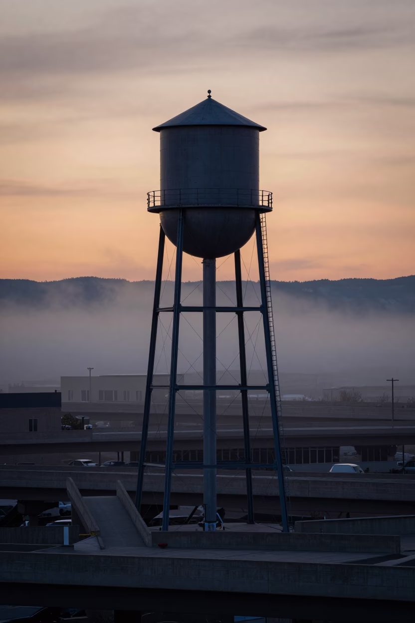 Silhouetted Water Tower Over Utah Overpass Dusk in across a windy overpass interchange in Utah