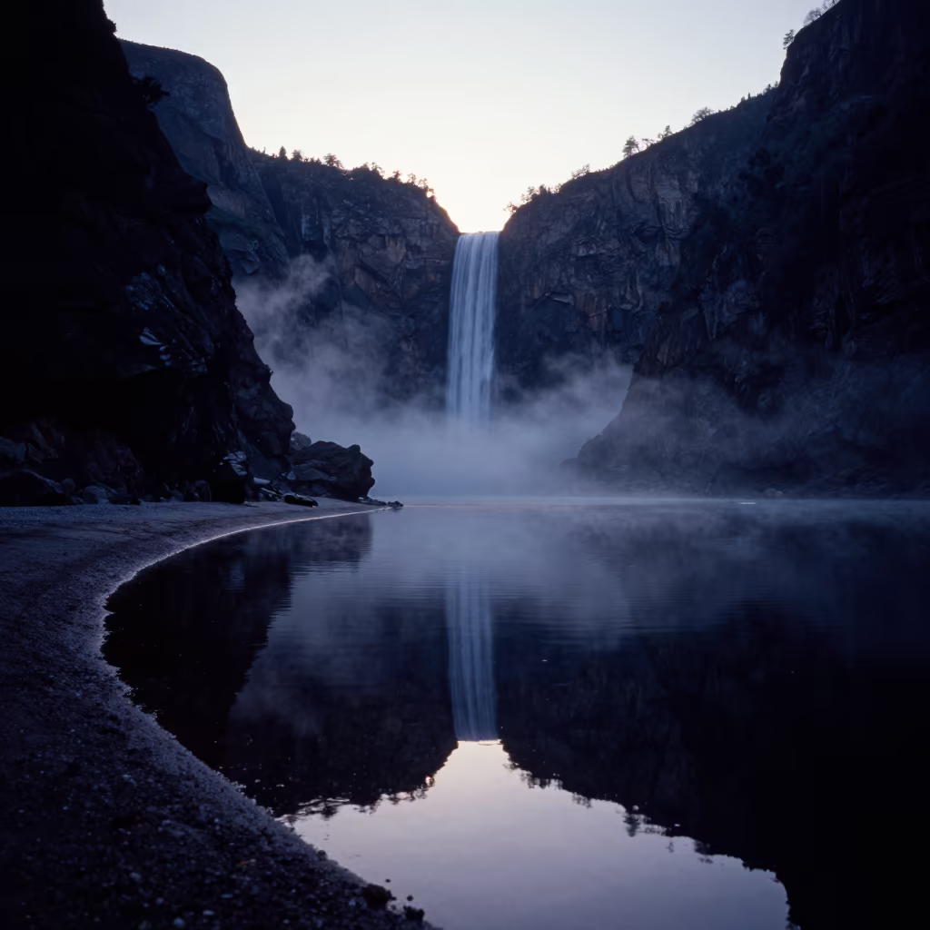 Silhouetted Waterfall in Bolivian Misty Twilight in along a wave-cut shoreline in Bolivia