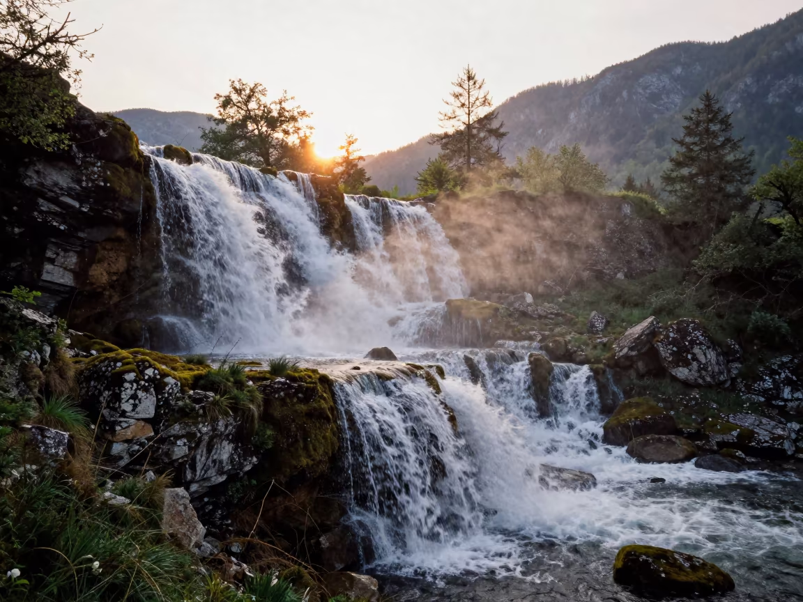Silhouetted Waterfall Over Mossy Austrian Terraces in from a ridge above layered foothills in Austria
