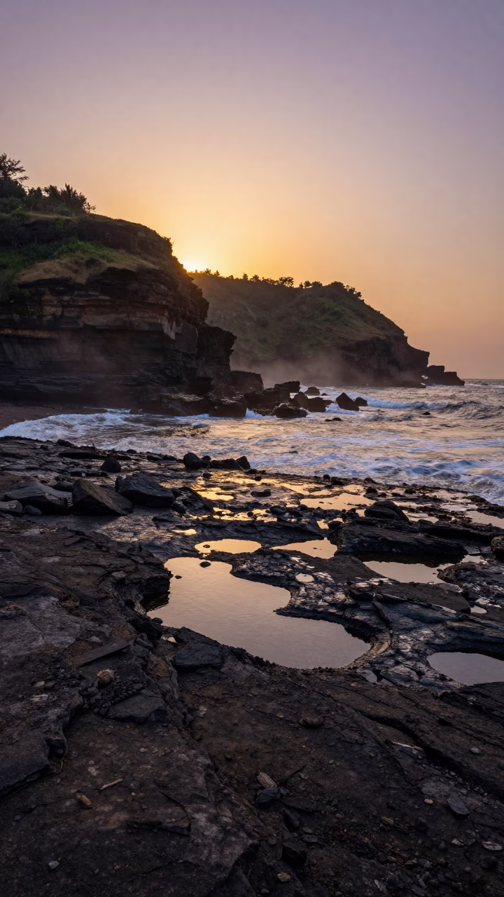 Silhouetted Wave-Cut Platform at Sunset Foothills Mumbai in from a ridge above layered foothills near Mumbai