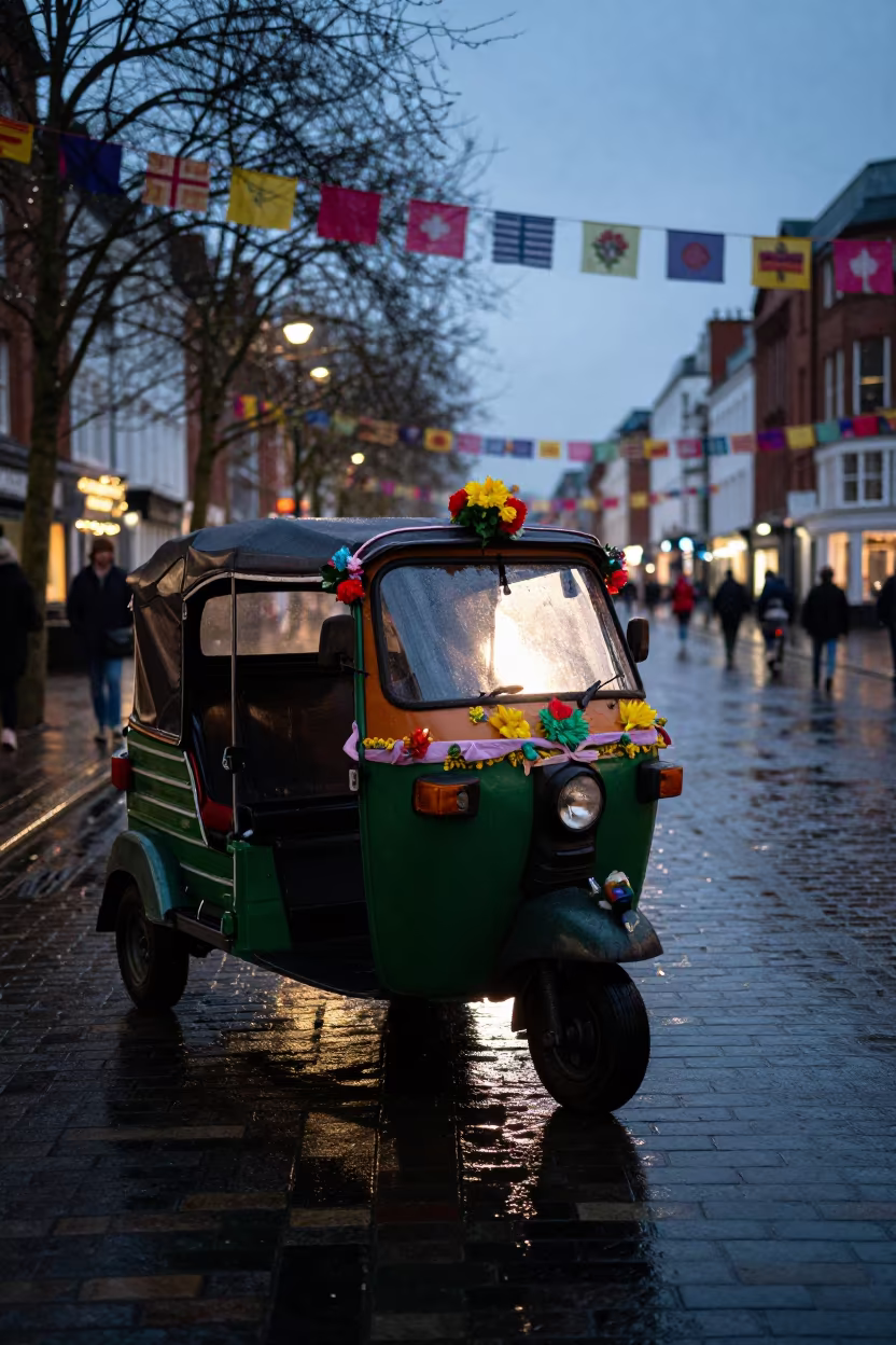 Silhouetted Wedding Rickshaw Cardiff Square in at a public square during a festival near Cardiff