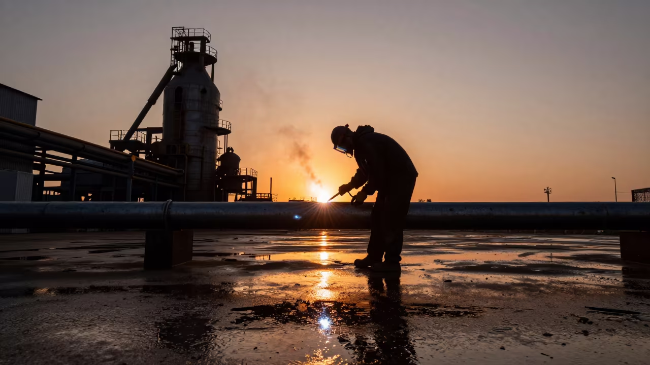 Silhouetted Welder Joining Pipes at Sunset in beside a blast furnace near Kamsar