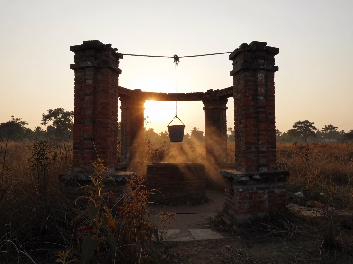 Silhouetted Well House Ruin Amidst Nettles in among toppled columns and nettles in Bangladesh