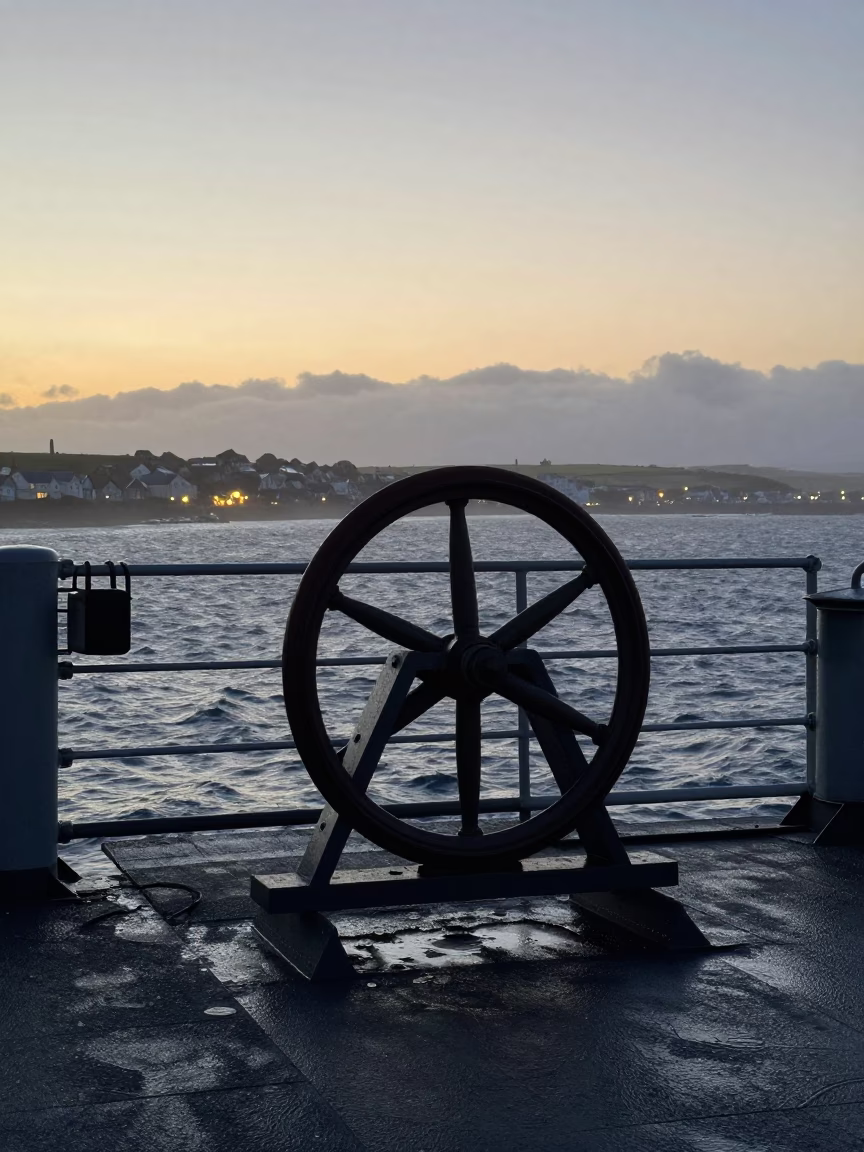 Silhouetted Wheel Chock Rack on Cornish Naval Deck at Twilight in on a naval deck in rough wind in Cornwall