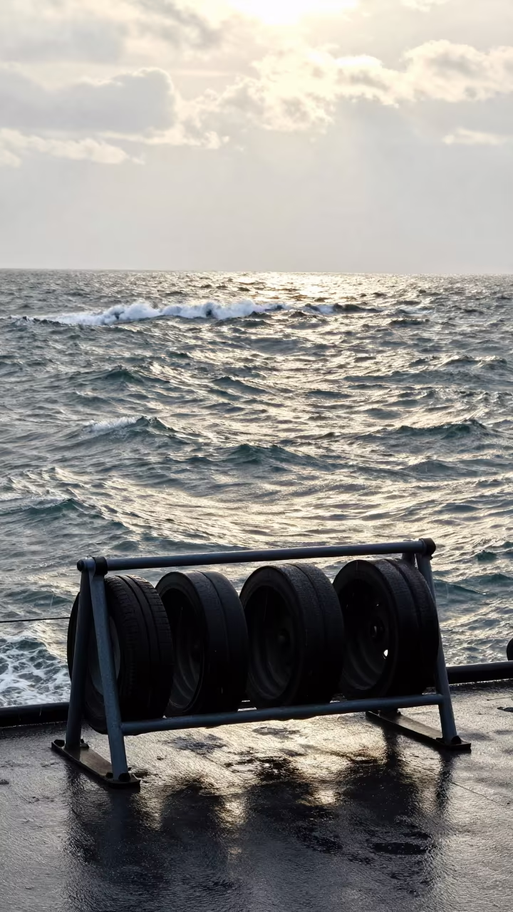 Silhouetted Wheel Chocks on Incheon Naval Deck in on a naval deck in rough wind in Incheon