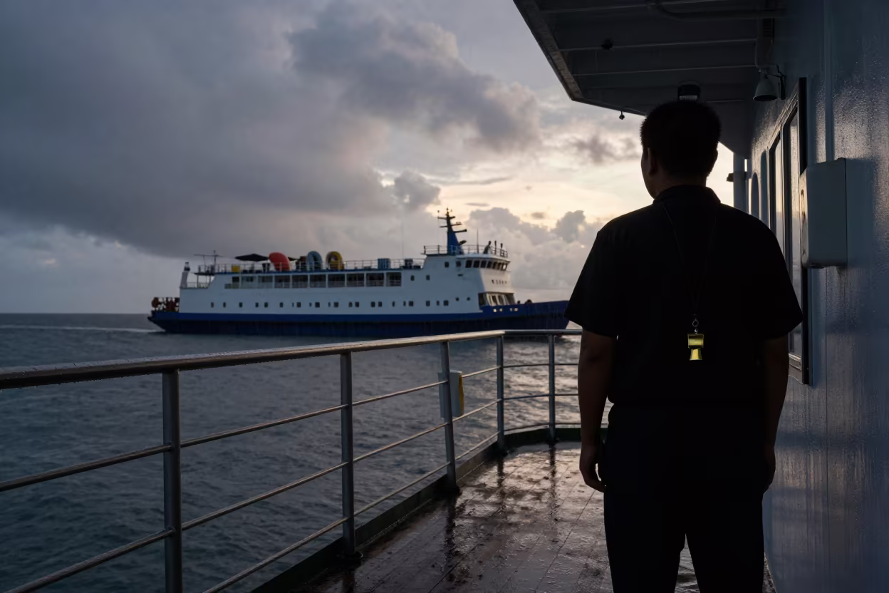 Silhouetted Whistle and Log on Borneo Ferry Twilight in across a remote ferry crossing in Borneo