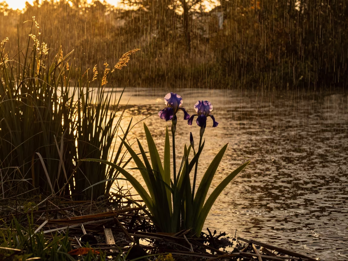 Silhouetted Wild Iris at Delaware Pond in in Delaware