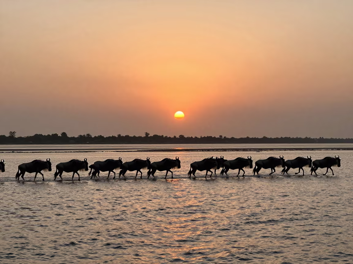 Silhouetted Wildebeest Herd at Golden Hour in beside a tidal inlet near Ho Chi Minh City