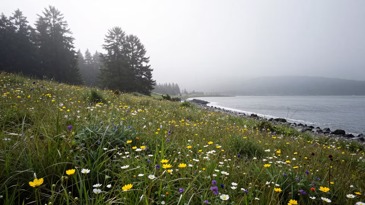 Silhouetted Wildflowers Winter Mist Shoreline in along a wave-cut shoreline near Chinatown, Vancouver