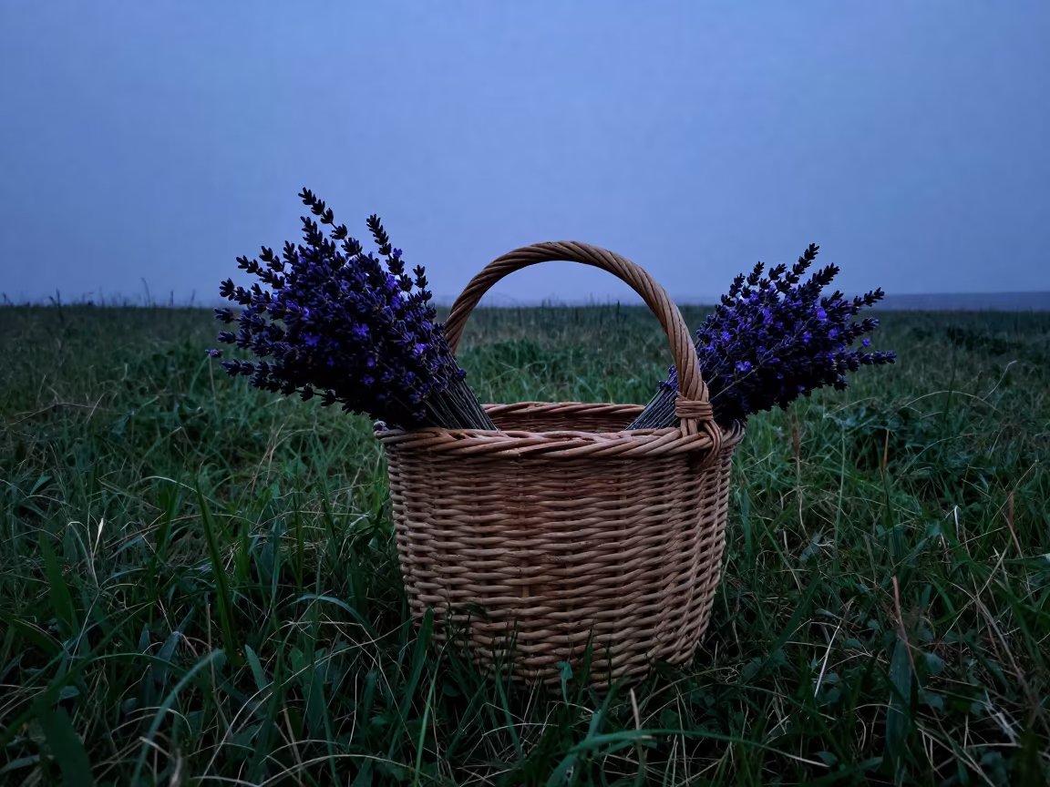 Silhouetted Willow Basket with Lavender in Libyan Meadow in in a bloom-heavy meadow in Libya