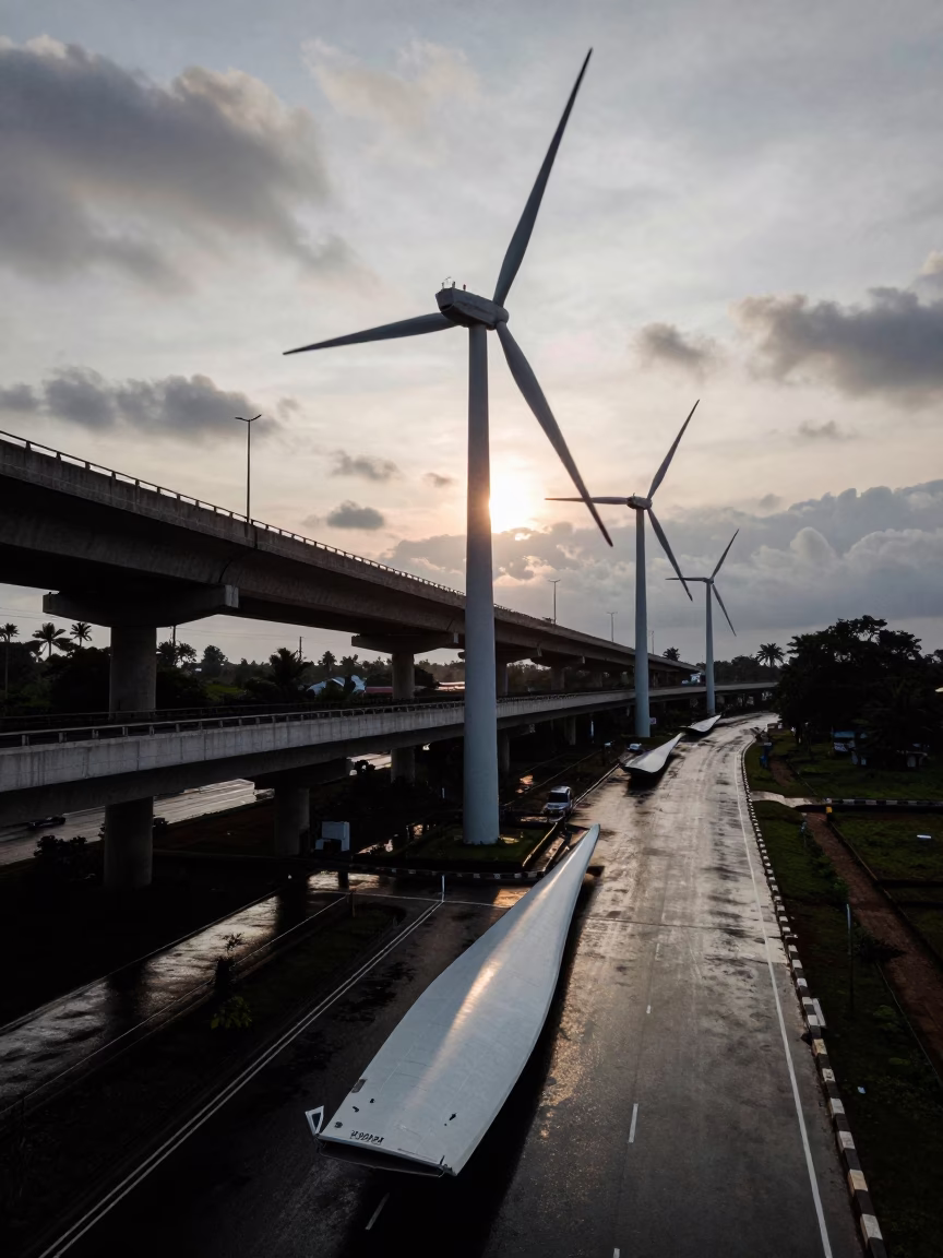 Silhouetted Wind Blades on Wet Overpass at Dusk in across a windy overpass interchange near Tiruchirappalli