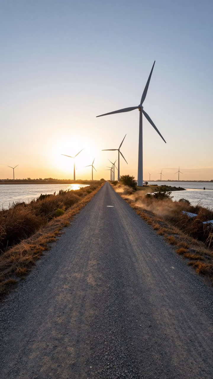 Silhouetted Wind Farm Road Beneath Rotating Blades in along a levee path above floodwater near Godoy Cruz