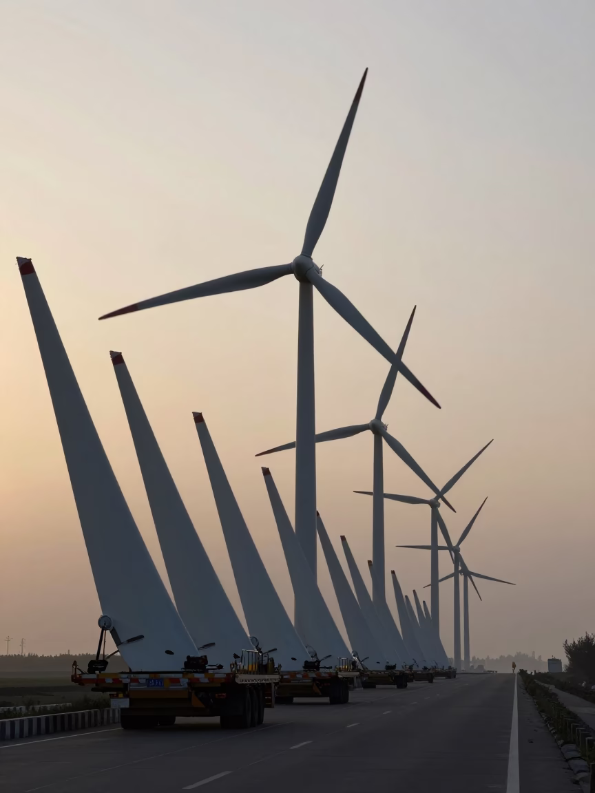Silhouetted Wind Turbine Blades on Urumqi Road in under a cable-stayed bridge span near Urumqi