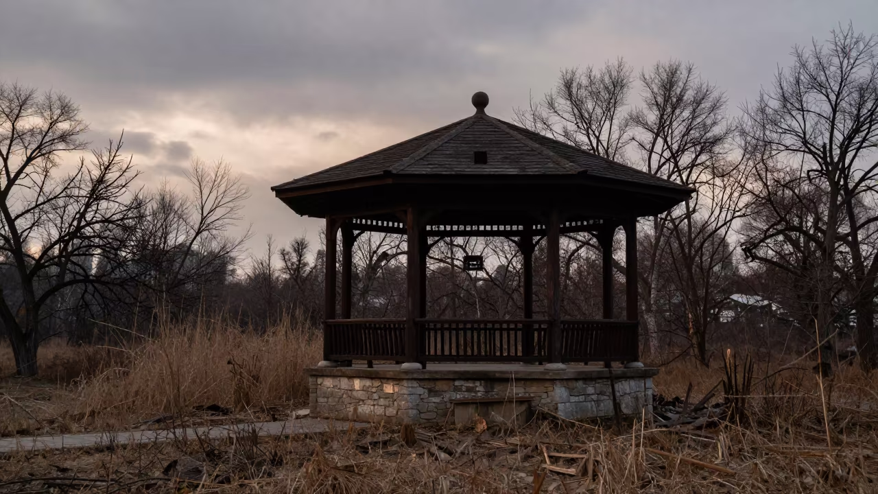 Silhouetted Winter Bandstand Ruin in Overgrown Park in among collapsed cloisters near Wuhan