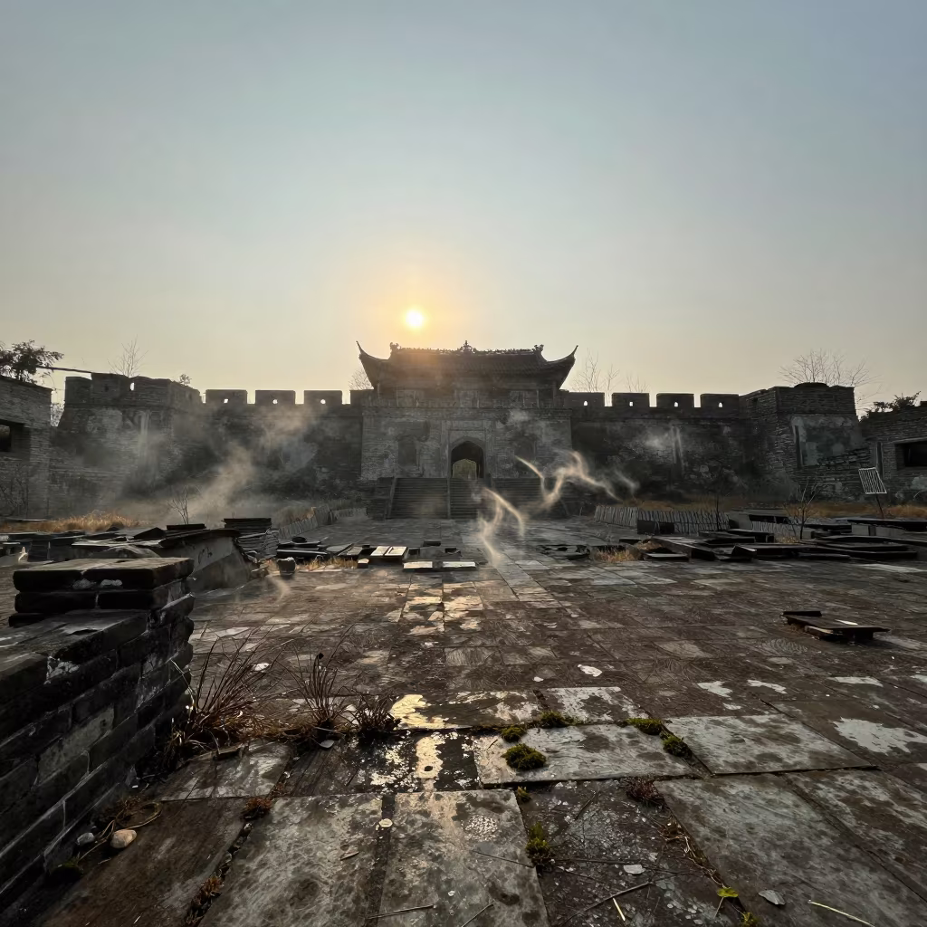 Silhouetted Winter Bastion Amidst Golden Hour Spray in through an abandoned ceremonial court near Guiyang