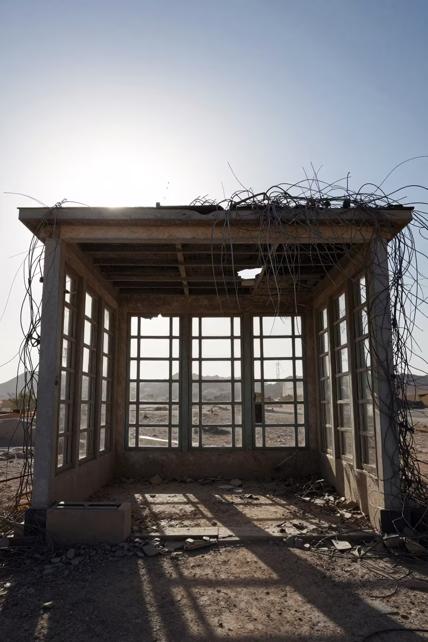 Silhouetted Wires in Abandoned Exchange Room in inside a roofless nave near Ajman