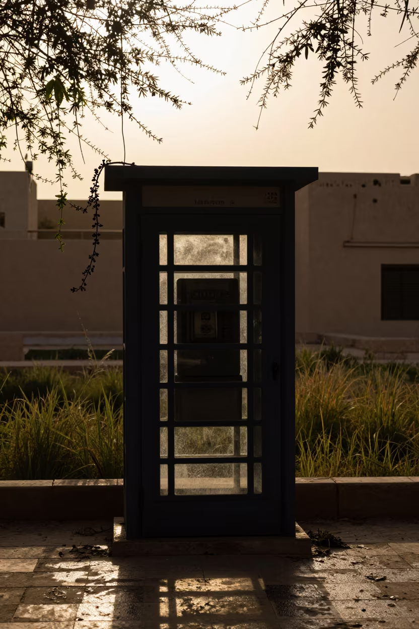 Silhouetted Wires in Desert Ruin Evening Light in through a courtyard reclaimed by grasses in Saudi Arabia
