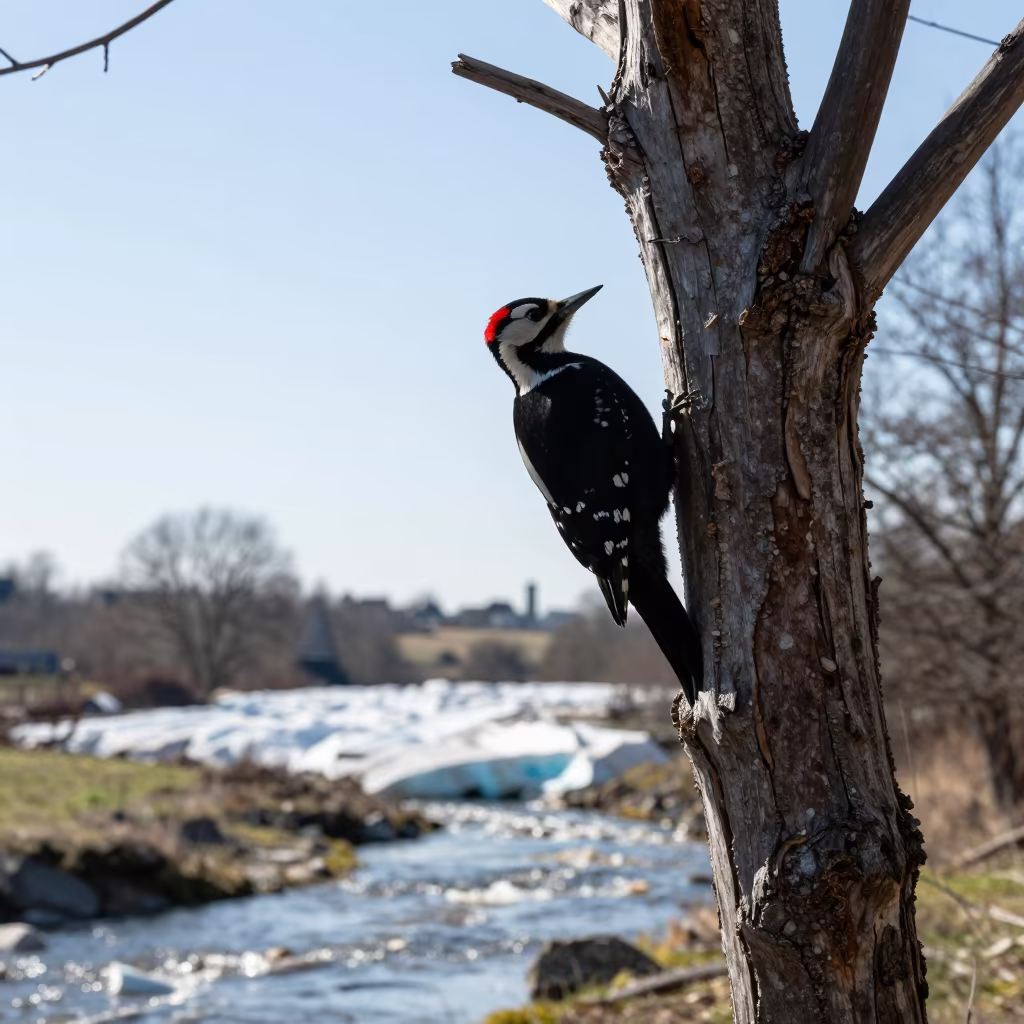 Silhouetted Woodpecker on Dead Tree Above Glacial Stream in above a glacial stream in Normandy