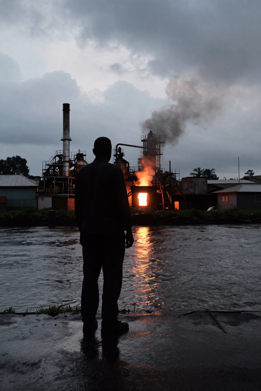 Silhouetted Worker by Canal Furnace Mouth in beside a canal in Nakuru