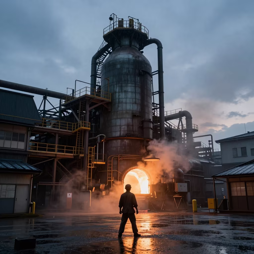 Silhouetted Worker at Giant Foundry Furnace Twilight in near Kyoto