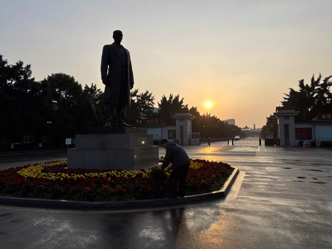 Silhouetted Worker Trims Flowers at Sunset in at a crosswalk by a school gate in Anyang