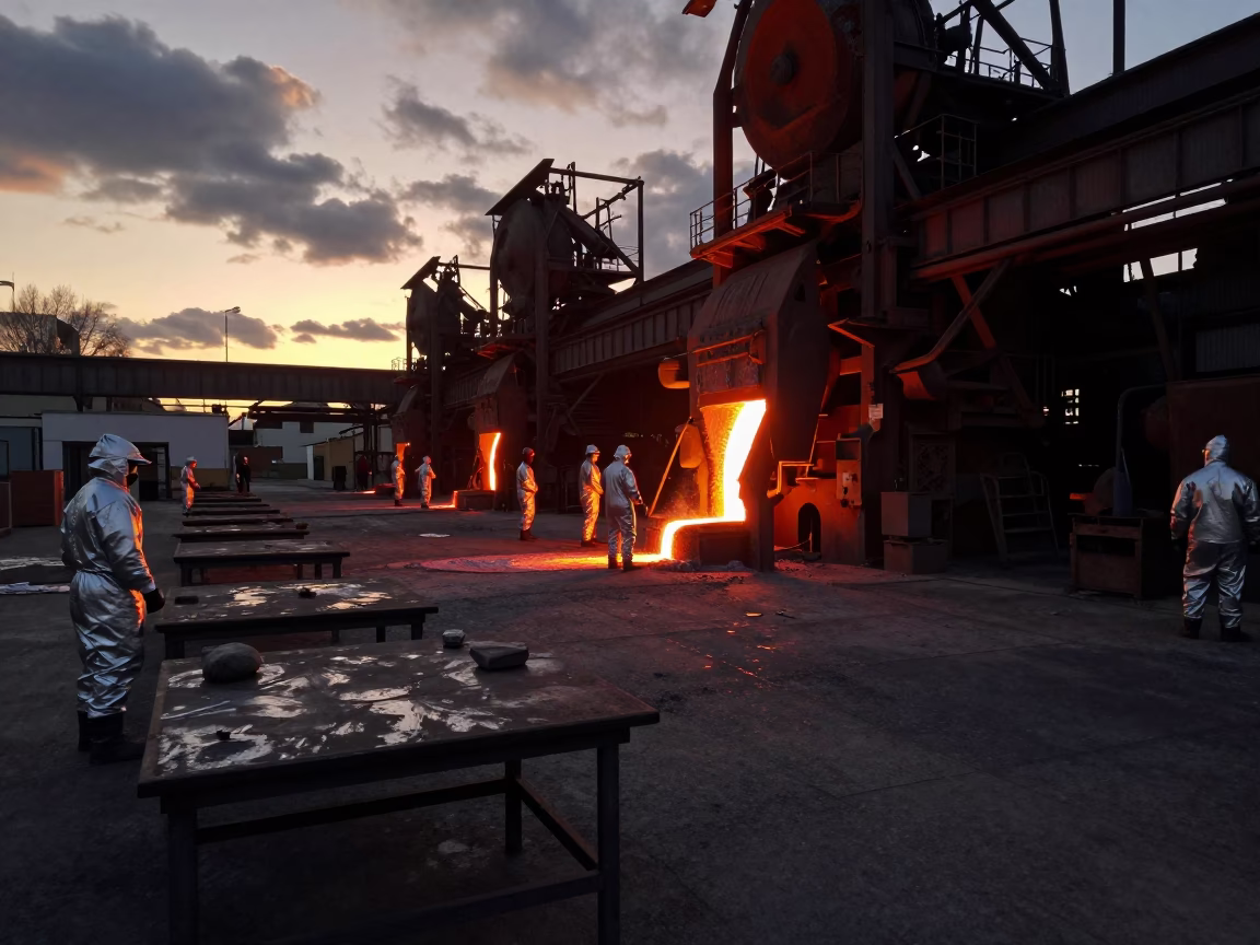 Silhouetted Workers on Steel Mill Tapping Floor in along a food-processing floor with sorting tables in Salamanca, Madrid