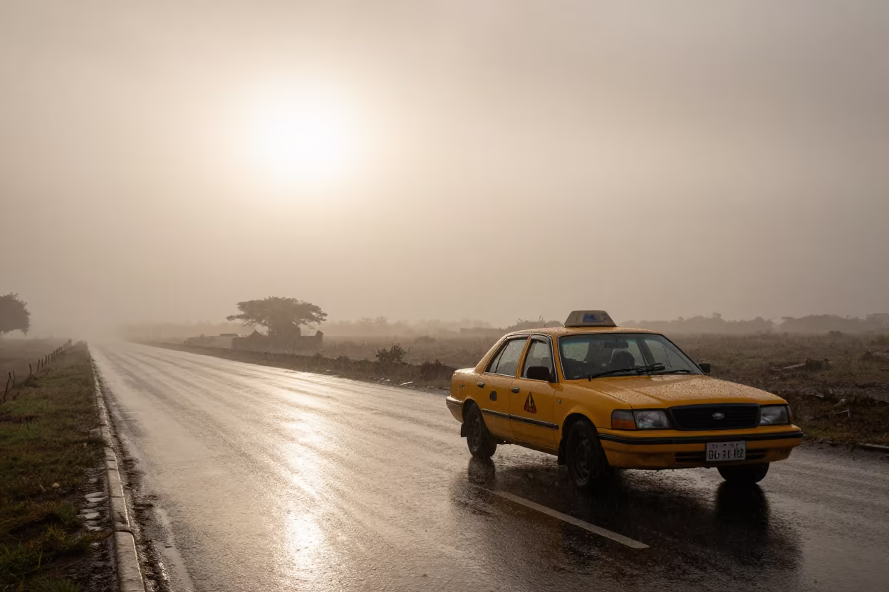 Silhouetted Yellow Taxi in Rainy Rift Valley Evening in in the Rift Valley