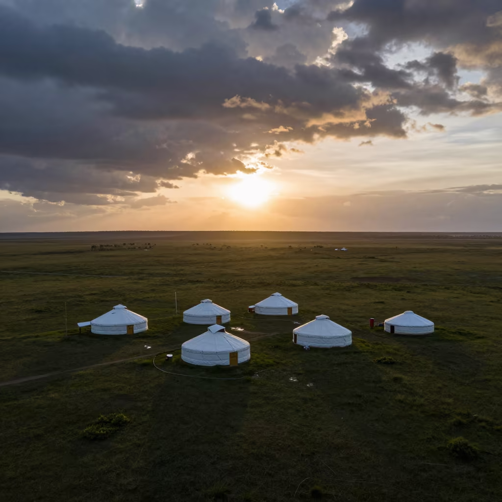 Silhouetted Yurts at Sunset in Venezuelan Grasslands in near Cumaná