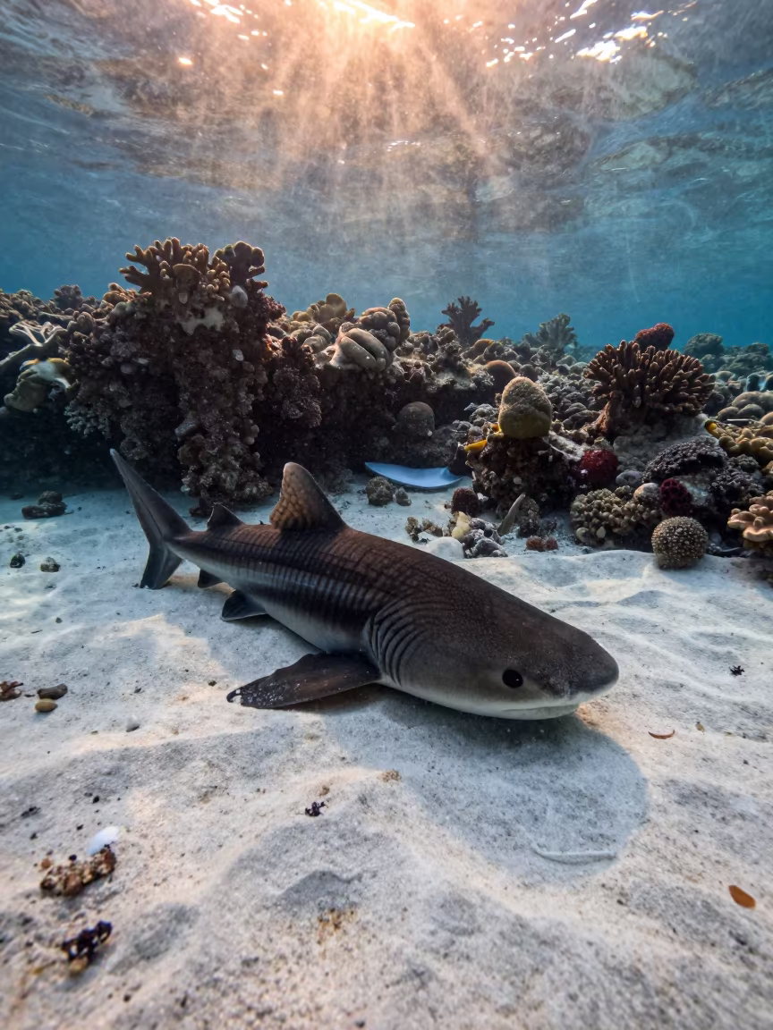 Silhouetted Zebra Shark in Coral Reef in beneath a reef ledge in tropical shallows near Cairns