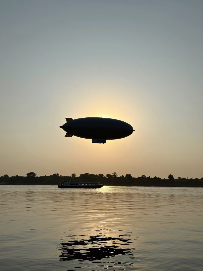 Silhouetted Zeppelin Over Congo River at Sunset in across a remote ferry crossing in Congo