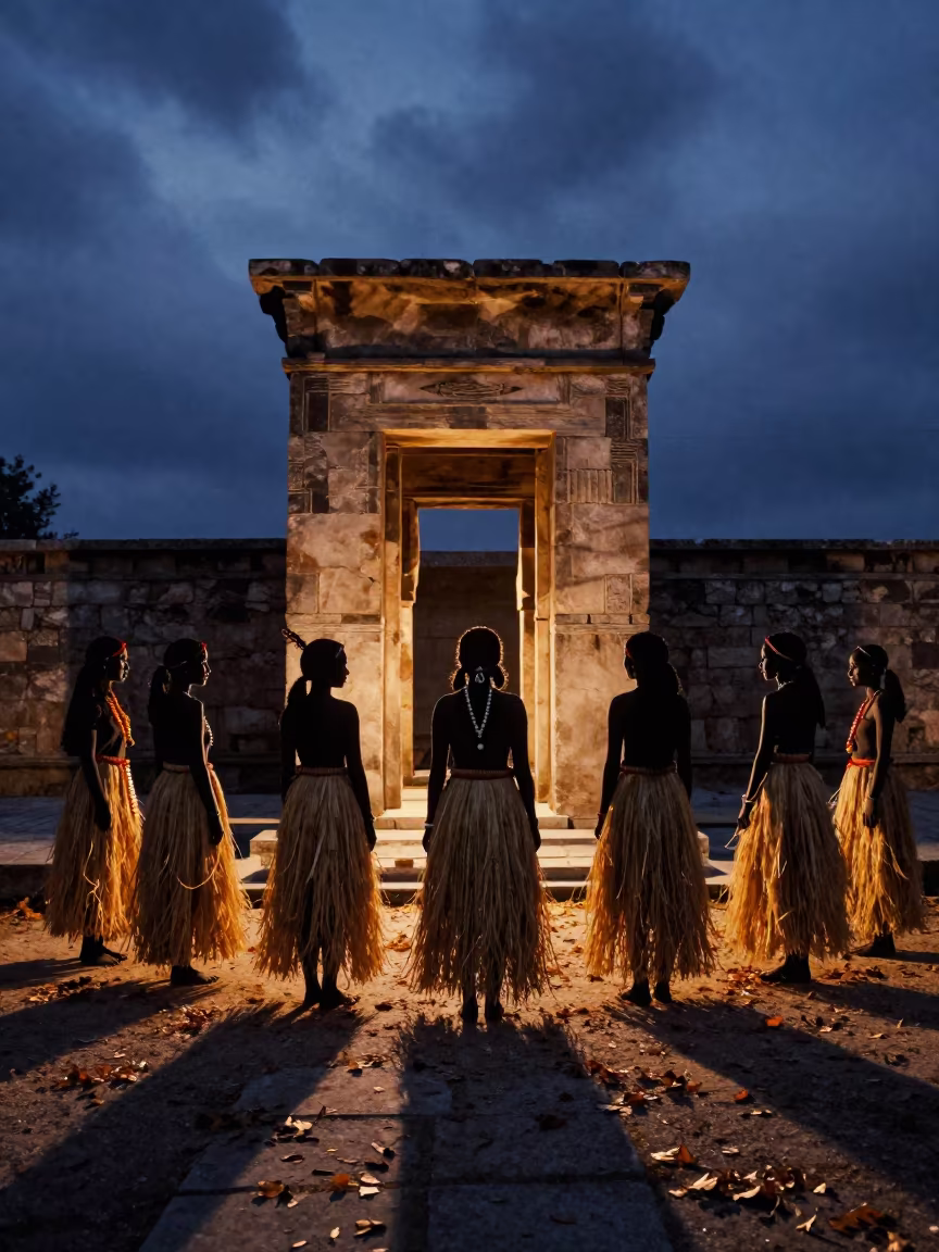 Silhouetted Zulu Women in Samsun Temple Courtyard in in a temple courtyard near Samsun