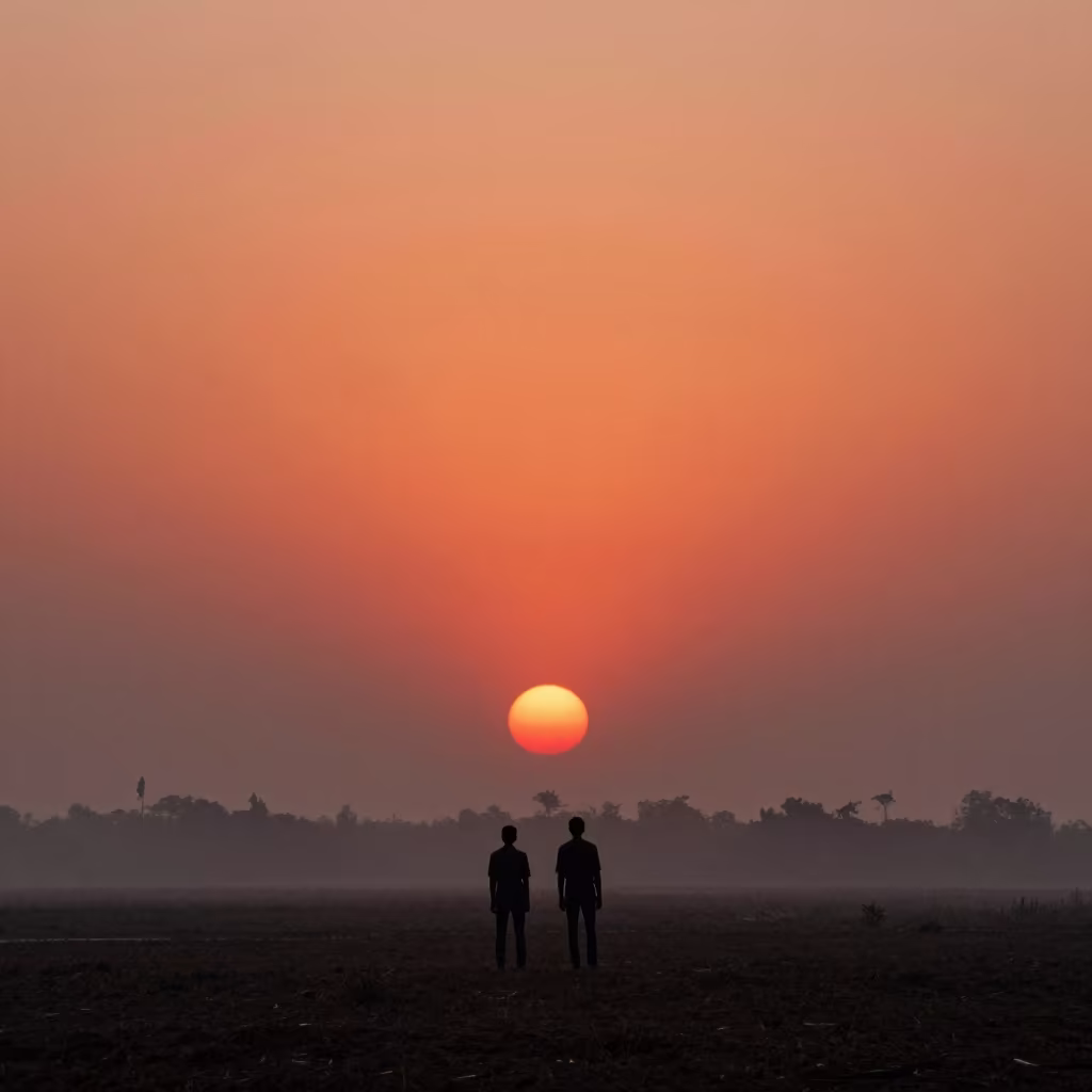 Silhouettes Against Monsoon Sunset Mist in near Gurgaon
