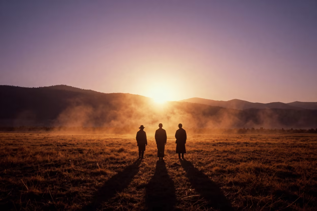 Silhouettes Against Sunset in Bhutan Autumn Plain in across a storm-bright plain in Bhutan