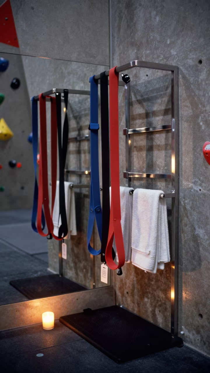 Silicone Gear Wash Rack in Dawn Climbing Gym in inside a climbing gym warmup zone in San Diego