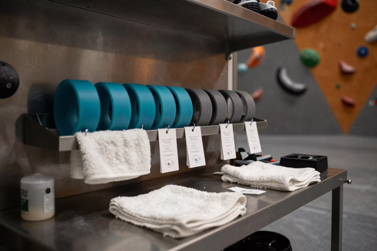 Silicone and Towels at the Gym Wash Rack in inside a climbing gym warmup zone near Luxor