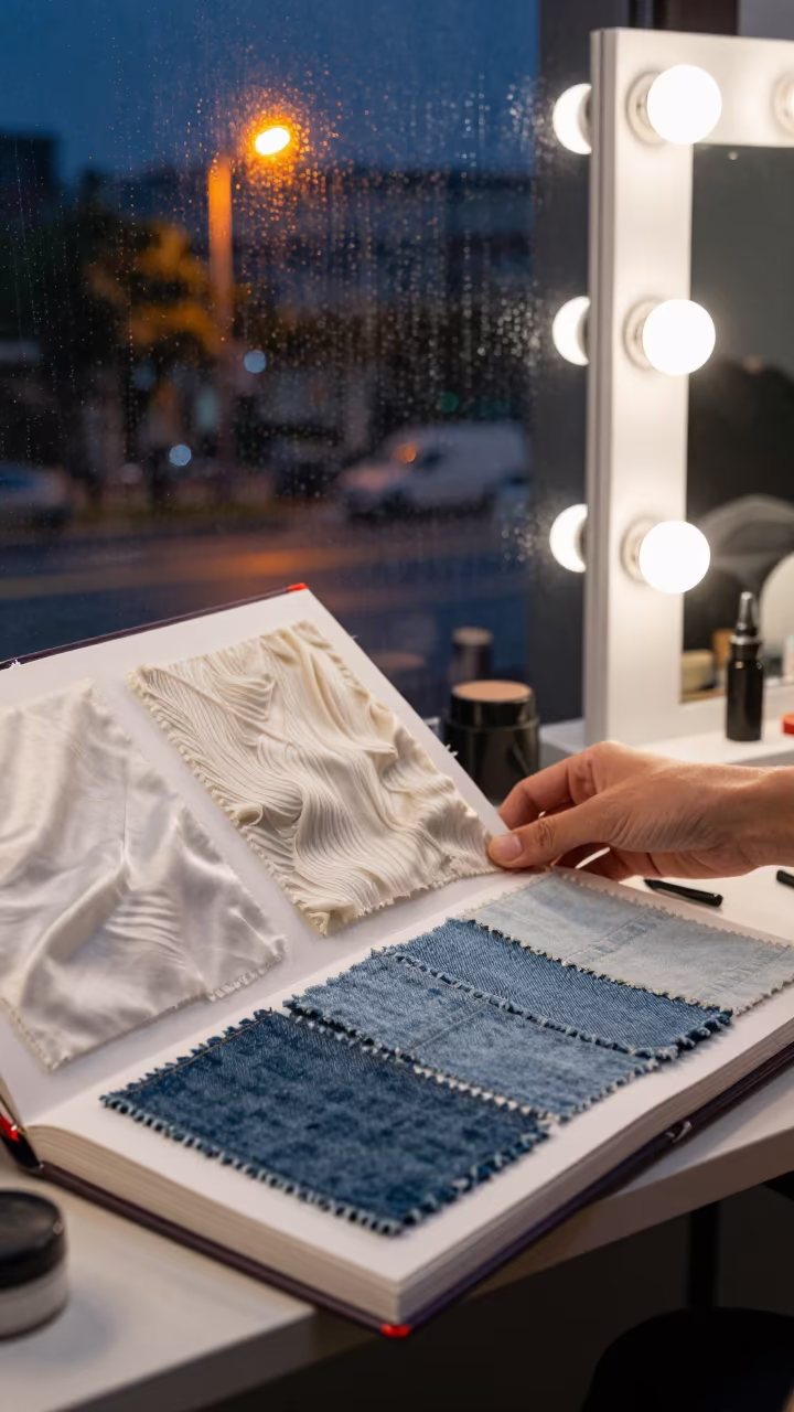 Silk Denim Swatches by Mirror in Batman in beside a mirror lined with makeup bulbs in Batman