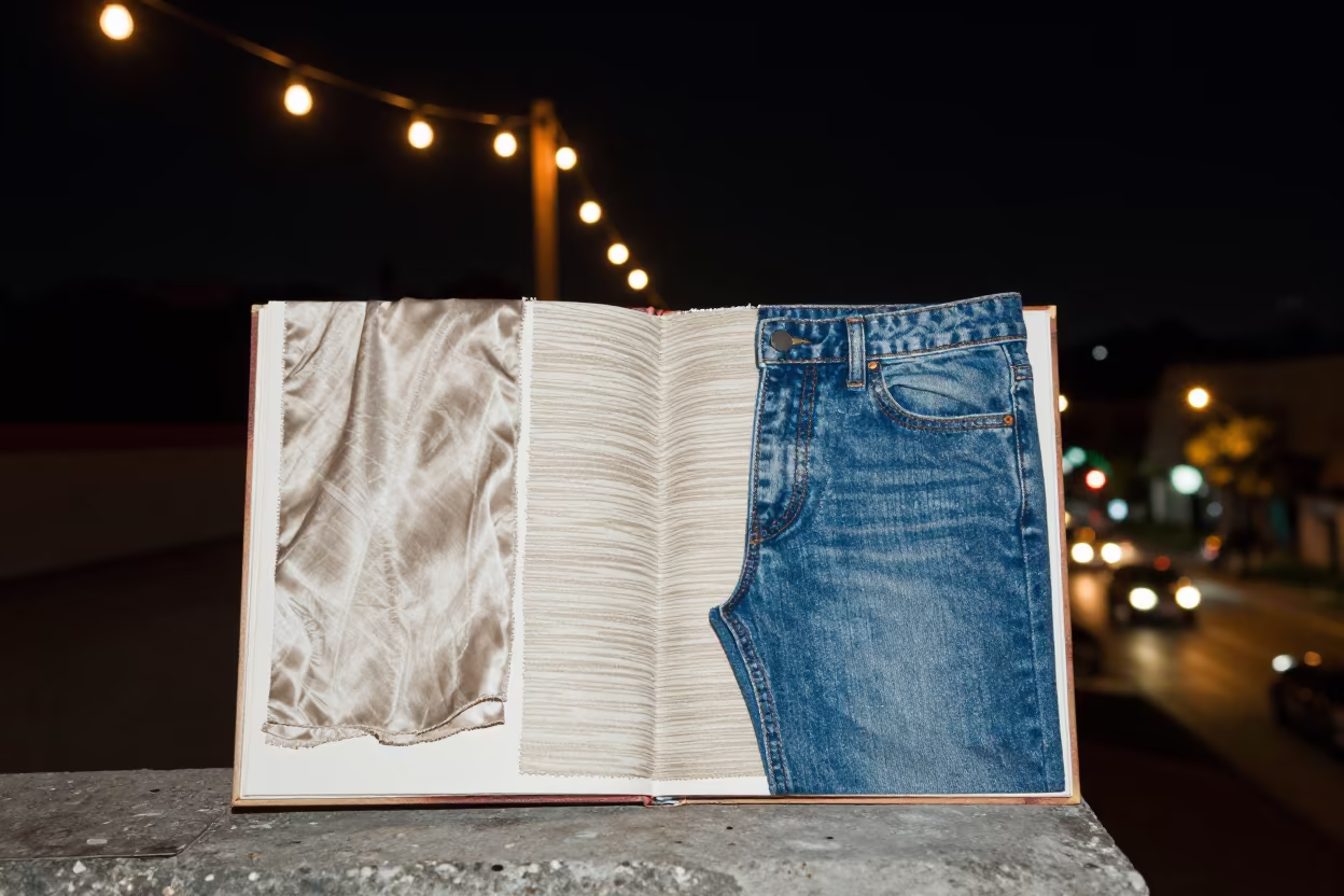 Silk and Denim Swatches Under Night Lights in on a rooftop above evening traffic in San Felipe