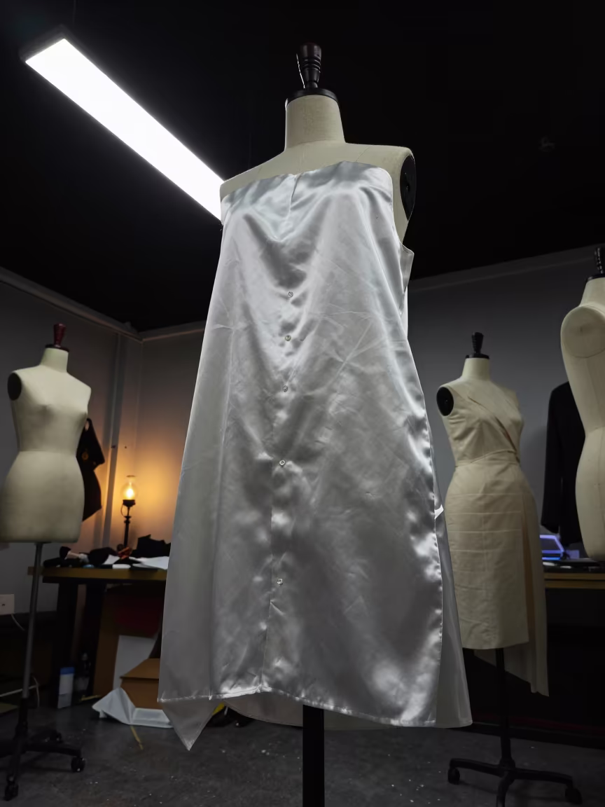 Silk Dress Form Under Fluorescent Light in Guilin Atelier in inside a couture atelier in Guilin