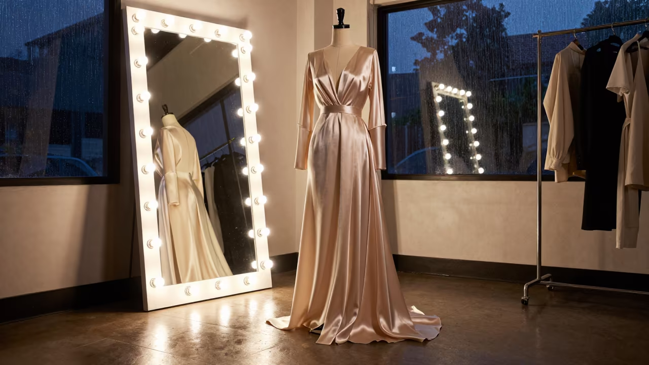 Silk Dress Form in Santa Cruz Studio Night in beside a mirror lined with makeup bulbs in Santa Cruz