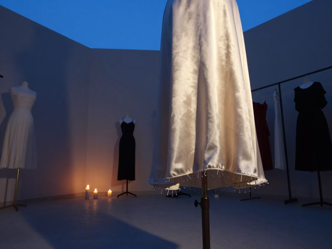 Silk Dress Hem Fitting Under Candlelight in inside a minimalist showroom near Helwan
