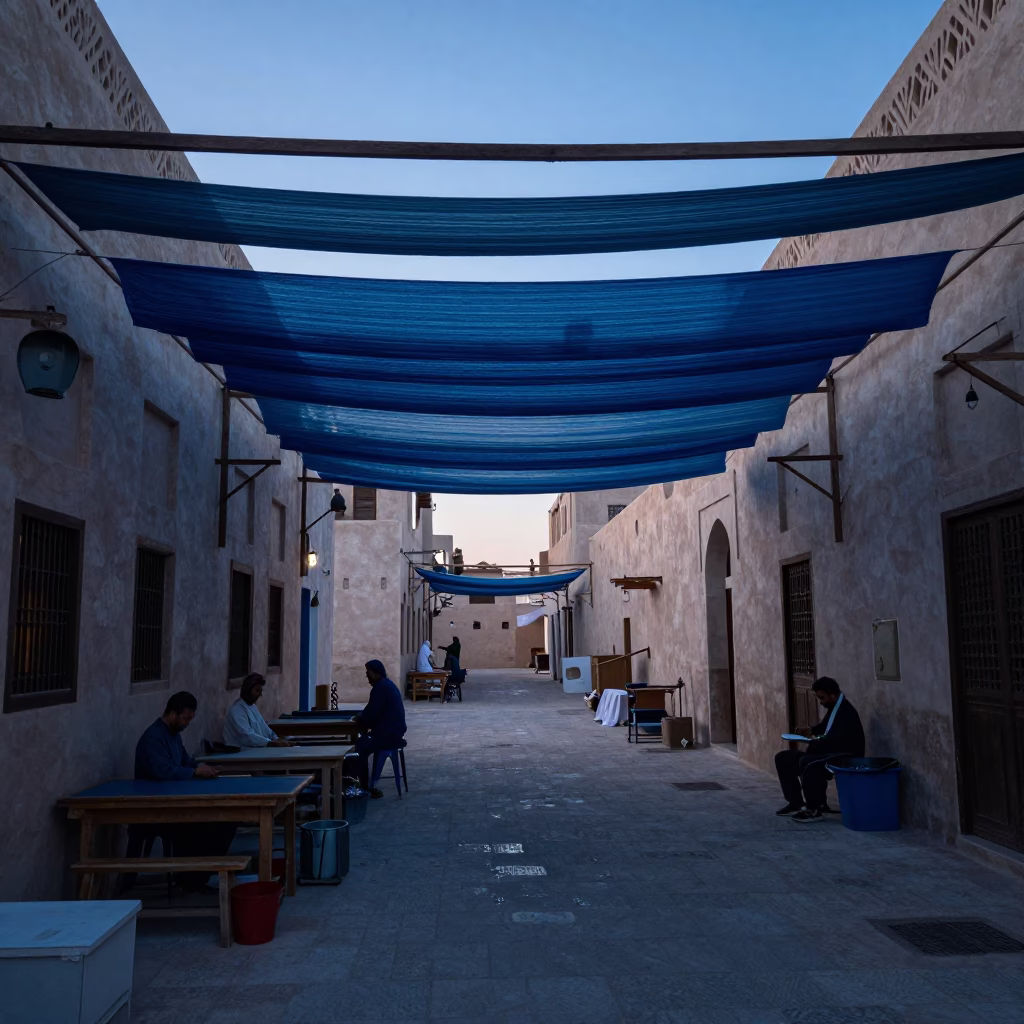 Silk Dyeing Workshop Hanging Fabric in Muscat Oman Before Sunrise in in Muscat, Oman