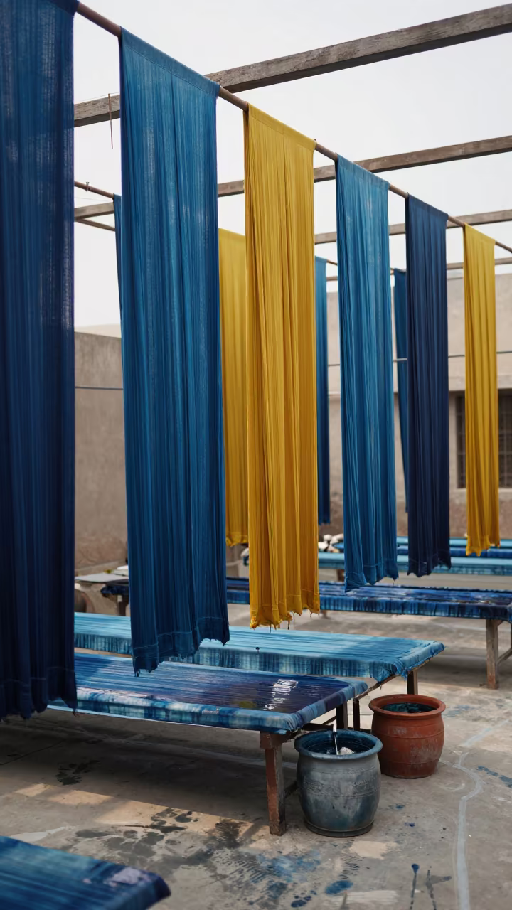 Silk Dyeing Workshop Hanging Fabrics Noon in on a textile-covered table near Gujranwala