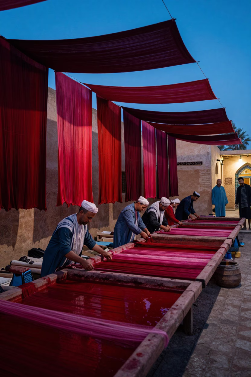 Silk Dyeing Workshop in Fez Morocco Evening Light Hanging Fabrics in in Fez, Morocco