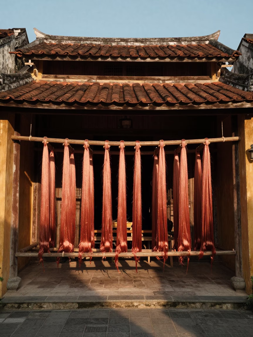 Silk Dyeing Workshop in Hoi An Vietnam During Copper Toned Dusk Light in in Hoi An, Vietnam