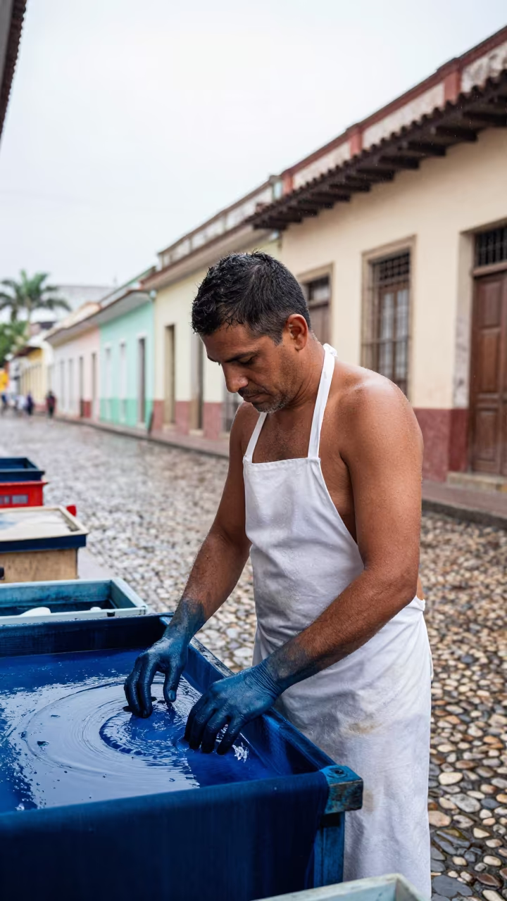 Silk Dyer with Indigo Hands in Cienfuegos in along a market lane in Cienfuegos